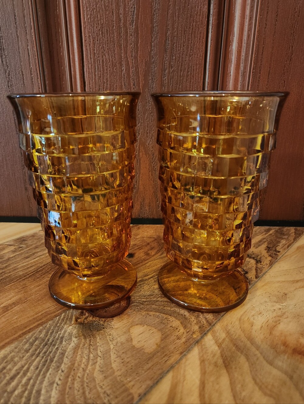 Vintage Indiana Glass Colony Whitehall Amber Footed Iced Tea Glasses Set Of 2